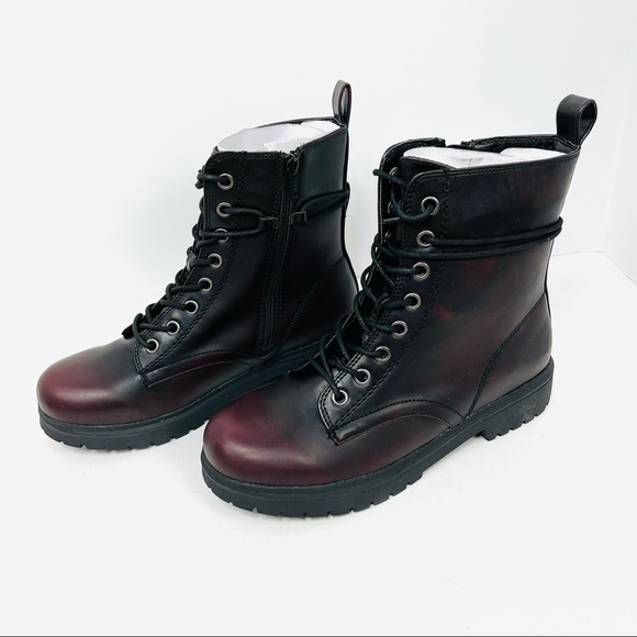 SO Women Burgundy Combat Boots Faux Leather Laced Up - Picture 7 of 10